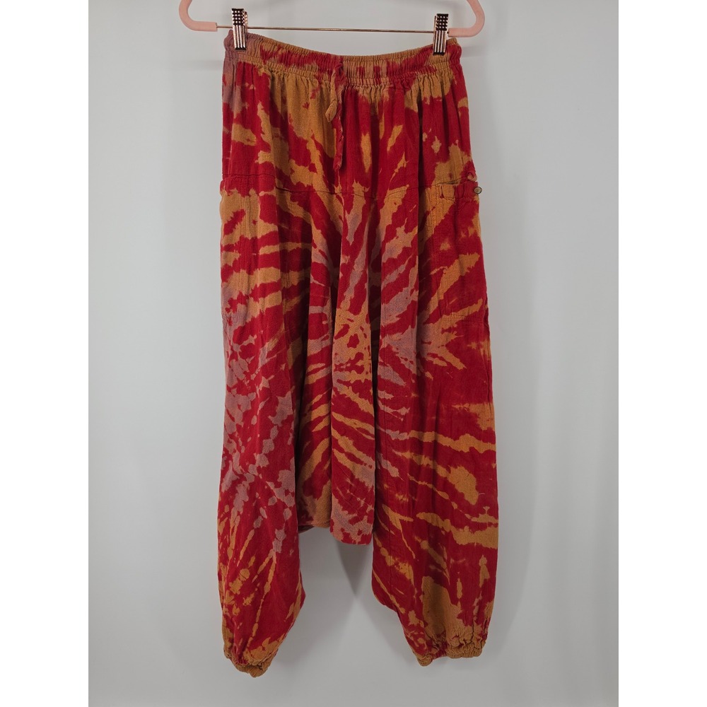 Tie Dye Harem Pants Red Orange Cotton Drop Crotch Boho Festival Nepal Pants